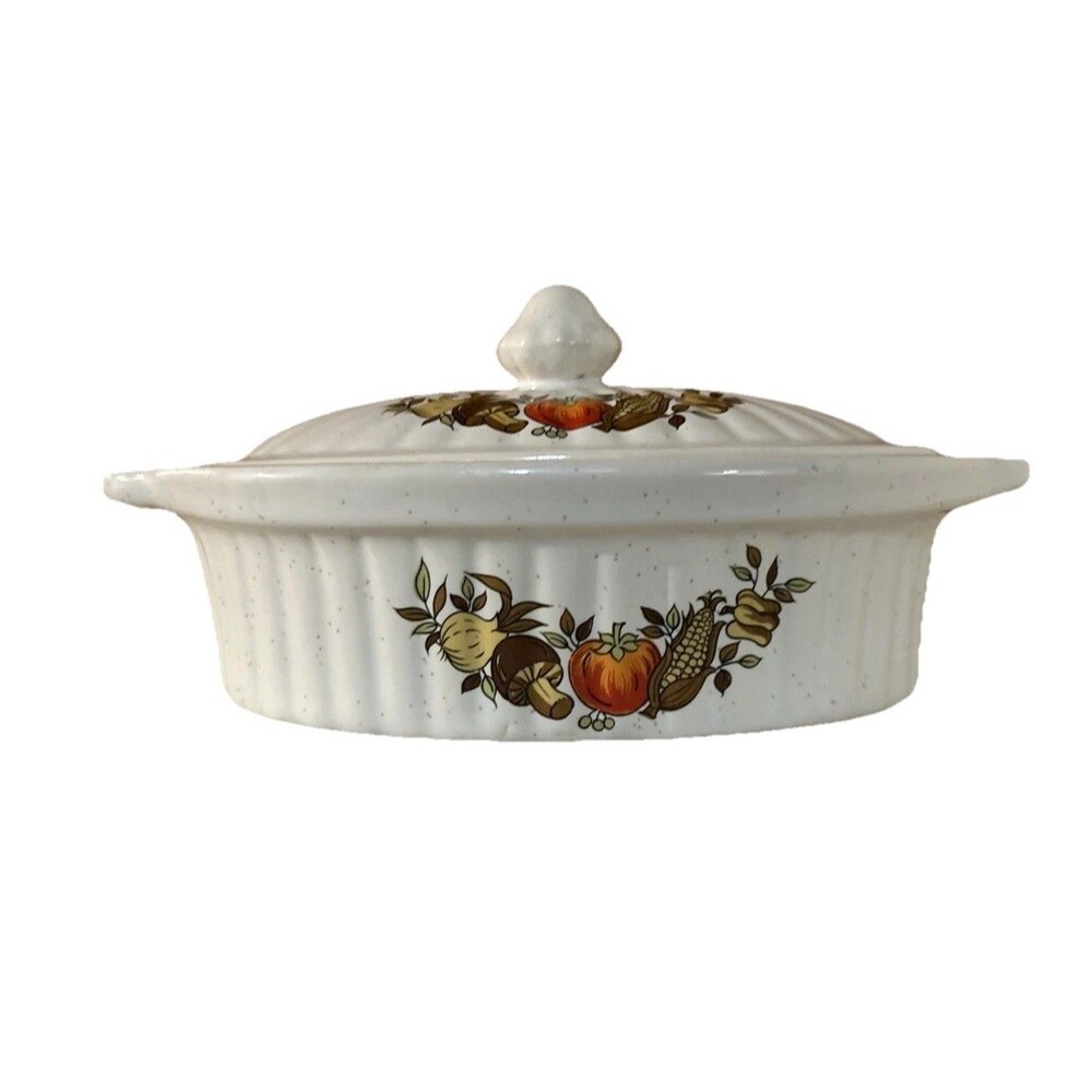 Vintage 70s MCM Harvest Vegetable Casserole Dish w/Lid Ribbed Stoneware Japan